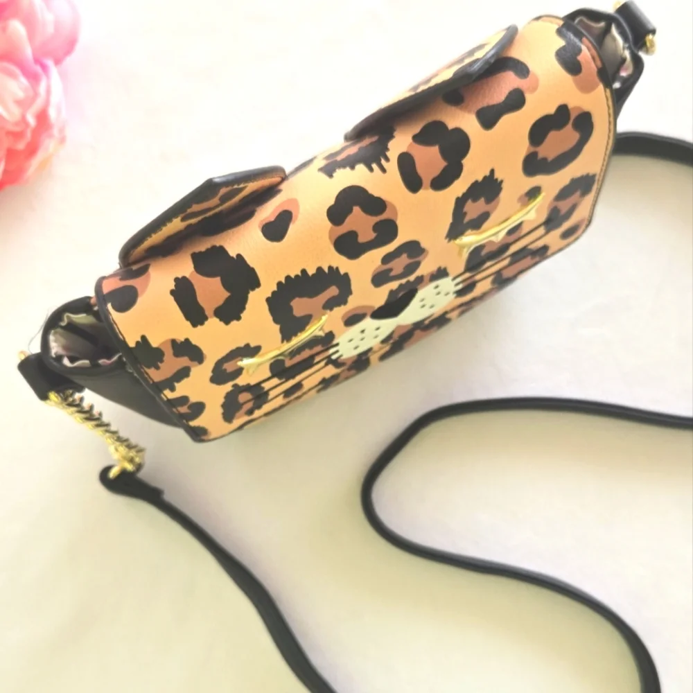 💕Betsey Johnson Leopard Print Bag Cat Ears Gold Chain Crossbody - Picture 4 of 11